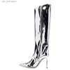 Boots Ladies Candy Color Mirror Leather Metallic The Knee Women Long Boot 12 cm High Heels Pointed Toe Zipper Boots Big Size 34-47 T230824