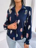 Blusas femininas camisa casual pena impressão gola manga longa camisa branco rosa azul 230824