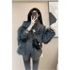 Pelliccia da donna 2023 cappotto invernale cuciture in denim giacca con colletto grande giunture allentate donna medio lungo B15