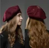 Berets Womens Hat Fashion Solid Color Wool Knitted With Rhinestones Ladies Beanie Beret Black wine red cap female 230825