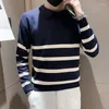 Herrtröjor Spring Autumn High Quality Knitwear Sweater Polo Collar Korean Casual Men Sticked Solid Color Long Sleeve Pullover Top D174