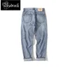 Jeans para hombres MBBCAR jeans de 11 oz para hombres casual retro desgastado azul claro copo de nieve orillo blanco denim crudo lavado delgado 7321 230825