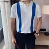 Knit Polo Gradual Change Color Men Knitted Shirt Short-sleeved Tops Striped Turn Down Collar Business HKD230825