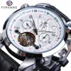 ForSining White Tourbillon Mechanical Men Watches Automatic Calender Skeleton äkta läderbälten armbandsur Relogio Masculino220N