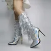 Botas Ribetrini moda apontou toe franja lantejoulas meados de bezerro botas para mulheres zip metálico glitter sexy elegante vestido longo sapatos t230824