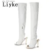 أحذية Liyke White Leather With High On the Knee Boots Sexy Open Tee Tree Cheels Booties Fashion Zip Motorcycle Shoes Women Pumps T230824