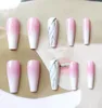 False Nails 24pcs Pink Gradient Nail Patch Marble Pattern Glue Type Removable Long Paragraph Fashion Manicure