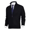 Camisolas masculinas homens camisola casaco elegante malha cardigan com gola bolsos laterais zíper placket para outono inverno moda