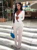 Women's Suits Blazers 3Pcs Woman Sexy Strapless Mesh Backless Trousers Suit Lady Perspective Breathable Long Sleeve Lace Up Casual Draped Pants Suit 230824