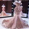 Nya Rose Gold Mermaid aftonklänningar Långt glittrande paljett Applique Pärlad fiskstopp Prom Gown Robe de Soiree2455