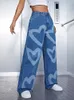 Pantalones vaqueros para mujer, pantalones vaqueros con estampado romántico, ropa de diseño coreano, primavera 2023, cintura alta, retales, sueltos, informales, rectos, elegantes 230825