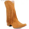 Fringe Western Bonjomarisa Cowboy Ustawiane obcasy szerokie cielę Retro Ridding Buts Slip na swobodnym wypoczynku buty jesienne T23082 B6CD