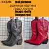 Botas marca nova bordar 2022 outono inverno ocidental meados de bezerro botas mulheres saltos grossos vintage cowgirl cowboy botas retro sapatos mulher t230824