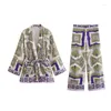 Women's Two Piece Pants Women Kimono Set Fashion Blouse And With A Belt Design Printing Female Trousers Suit Ladies