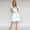 Party Dresses Summer Short Sleeve V Neck Button Down Swing Midi Dress Women 2023 Casual Style Solid Tunic With Pocket Beach