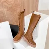 Top quality Bulky knee Boots pumps heels leather Cowskin sole Round toe lace-up zip booties Women's luxury designers fashion ins Dress popular shoes factory footwear