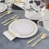 Disposable Dinnerware 70 Pcs Tableware White Plastic Tray With Gold Rim Golden Silverware Cup Napkin Combo Wedding Party Supplies 230825