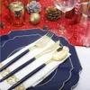 Disposable Dinnerware 50Pcs Blue Plastic Plates and Gold Silverware Party Tableware Set Adult Birthday Decoration Wedding 230825