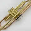 초보자를위한 고품질 전문 트럼펫 악기는 금도금 형광체 청동 뒷모습 왼쪽 트럼펫을 연주합니다.