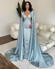 Elegant Blue Evening Dresses With Cape Crystal Cutaway Sides Prom Dress Ruffle Formal Long Red Carpet Dress for special occasion