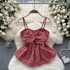 Tanques de mujer Mujeres Vintage Irregularidad Diseño Camis Sweet Plaid Ruffles Tubo rojo Tops Estilo Preppy Off Hombro Sin respaldo Fold Tank