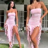 Vestidos casuais strapless borda borda feminina vestido verão primavera magro sólido alto split peito envolvendo sexy mulheres