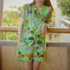 Women's Sleepwear Summer Cute Doll Collar Green Dog Short Sleeve Shorts Thin Cotton Pajamas Set Home Wear