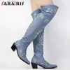 Boots Vintage Autumn Cowboy Cowgirl Thigh High Boots Women Embroidered Retro Over The Knee Western Boots Chunky Heels Shoes Woman T230824