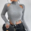 Damenpullover, Rollkragenpullover, ausgehöhlter Pullover, Hellgrau, Kintted, Damen-Herbst-Winter-Pullover, Y2k-Crop-Top, Häkel-Streetwear 230824