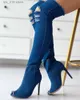 2023 Summer Boots Women Over Knee Demin Peep Toe Stiletto High Heel Zip Sexig Elegant Design Stylish Footwear Shoes T2308 3F63