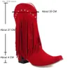 BONJOMARISA Cowboy Western Fringe Stacked Heels Wide Calf Retro Ridding Boots Slip On Casual Leisure Autumn Shoes T230824