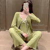 Women's Sleepwear Fdfklak Fresh Candy Color Cotton Pajamas Women Sexy Long Sleeve Shirt Sling Pant Three Piece Set 2023 Spring Homewear