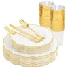 Vaisselle jetable 10 personnes Combo Set Couverts Assiette en plastique en dentelle d'or avec et tasse en argent Fournitures de fête de mariage d'anniversaire 230825