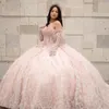 Glittering Pink Off-shoulder Long Sleeved Quinceanera Dresses Applique Feather Vestidos De 15 Anos Corset Birthday Party Ball Gown