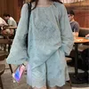 Women's Tracksuits Tinomiswa Embroidery Two-piece Suit Women Long Lantern Sleeve Hollow Out Blouse High Waist Shorts Casual Fashion 2 Set