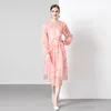 Casual Jurken Runway Lange mouwen Zwierig Chiffon Cascading Jurk Lente Dames Opstaande Kraag Ruches Bloemenprint Vakantie Feest Vesten N886