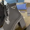 Deri ayak bileği botları ile üçgen naylon kanvans 2cm platform dantel-up yuvarlak ayak parmağı 7.5cm yükseklikte düz patikler tıknaz boot kadınlar için lüks tasarımcı fabrika ayakkabı