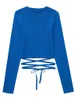 Kadın Bluzları 2023 Kadın Günlük Bahar Sonbahar Bluz Örme Derin V Yağ Yeşil Mavi Bandaj Seti Gömlek Katı