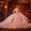 Princesa fora do ombro luz rosa quinceanera vestidos de baile vestidos de aniversário rendas até doce 15 16 vestidos de quinceanera