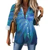 Blusas femininas azul flor impressão casual blusa abstrata fractal arte legal gráfico de manga longa estilo rua camisa primavera oversize topos