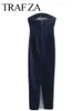 Basic Casual Jurken TRAFZA 2023 Vrouwen Elegante Denim Jurk Strapless Rug Rits Spleet Zomer Vrouwelijke Off Schouder Backless Lang 230825