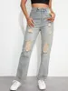 Jeans pour femmes Streetwear Pantalon droit Dames Déchiré Taille haute Longueur au sol Lâche Casual Denim Summer Cargo