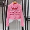 Jaquetas femininas casaco rosa mulheres 2023 primavera / outono jaqueta cortada diamante decoração turn down colarinho curto tweed