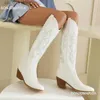 Western Emboridery White On Fashion Women Pure Slip Boots Cowboy Cowgirls Vintage Buty 2024 Zupełnie nowy spiczaste palce T230824 473
