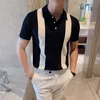 Knit Polo Gradual Change Color Men Knitted Shirt Short-sleeved Tops Striped Turn Down Collar Business HKD230825