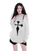 Suéteres de mujer QWEEK gótico Harajuku Punk suéter mujeres jerseys Y2k Goth Dark Grunge fuera del hombro Tops de punto otoño manga larga 230825