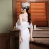 Abbigliamento etnico Donna Semplice abito da sposa a coda di pesce in raso bianco francese Sposa con spalle scoperte Abito da ballo Vestido De