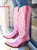 Laarzen Roze Cowboy Western Laarzen Voor Vrouwen 2023 Gloednieuwe Borduren Cowgirl Mode Comfy Leuke Lente Zomer Vrouwen Kniehoge Laarzen T230824