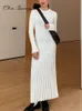 Basic Casual Dresses Elegant Knitted Pleated Maxi Dres Spring Ribbed O-neck A-line Dresses Female Casual Lace Up Apricot Fashion Robe 230824