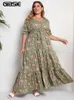 Plus size jurken GIBSIE Grote maten bloemenprint Knoop voorkant Ruche zoom Zomerjurk Dames Vakantie Boho Pofmouwen Split A-lijn Maxi Lange jurken 230824